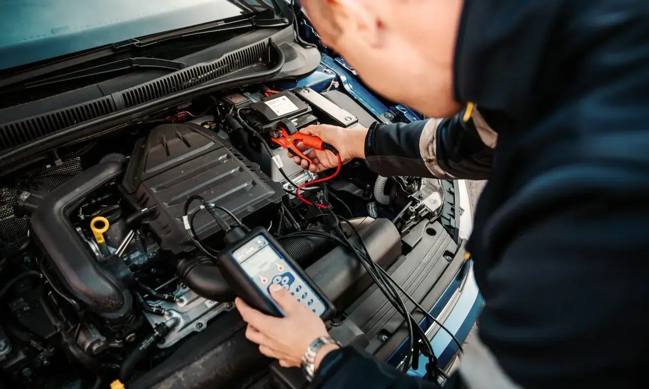 Mechanik samochodowy z komputerem diagnostycznym podłączonym do auta