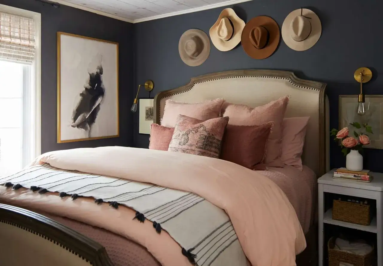 Gemütliches Schlafzimmer mit dunklen Wänden, Kunstwerk und Hüten. Die weiche Bettwäsche in Rosatönen lädt zum tiefschlaf verbessern ein.
