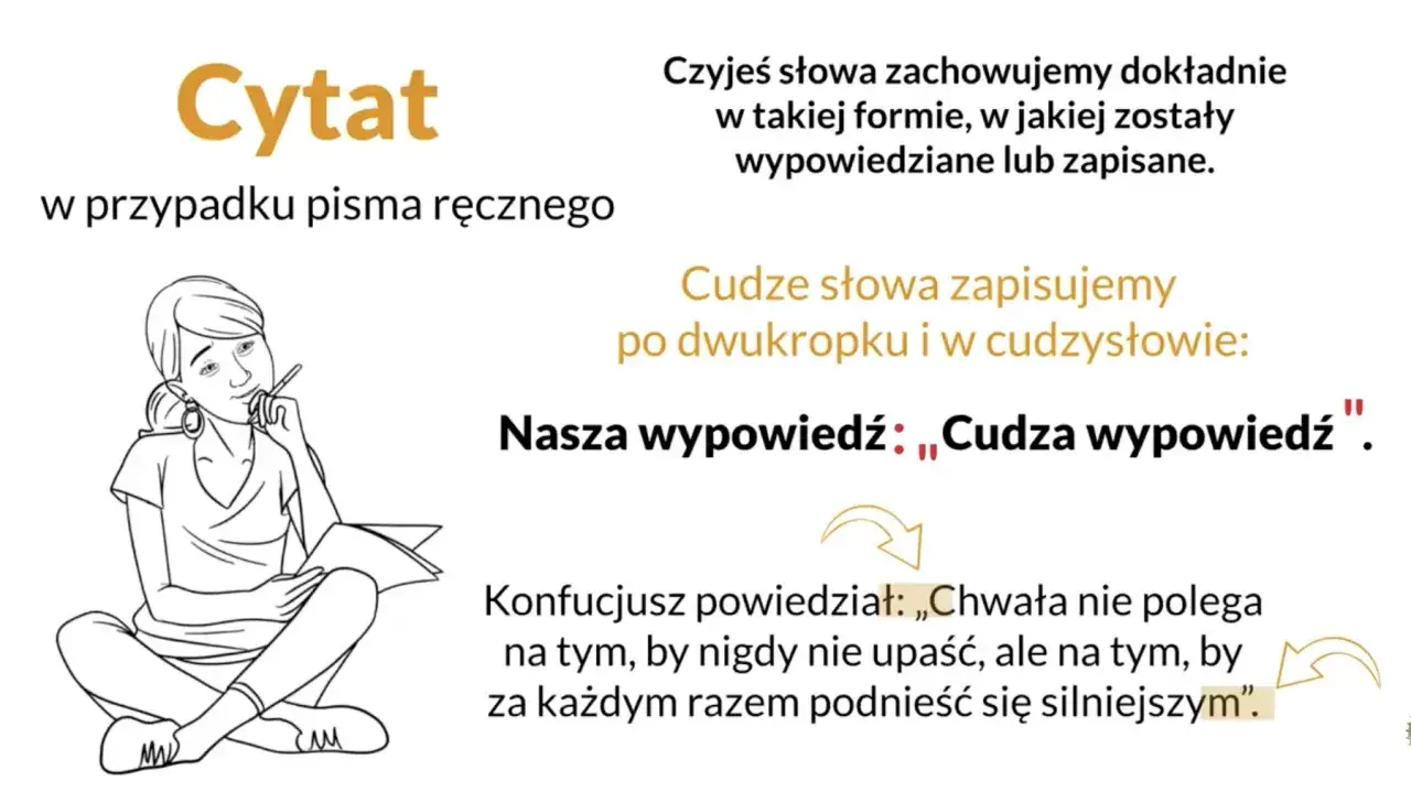 Ilustracja pokazuje dziewczynę piszącą, z tekstem wyjaśniającym, jak zapisywać cytat.