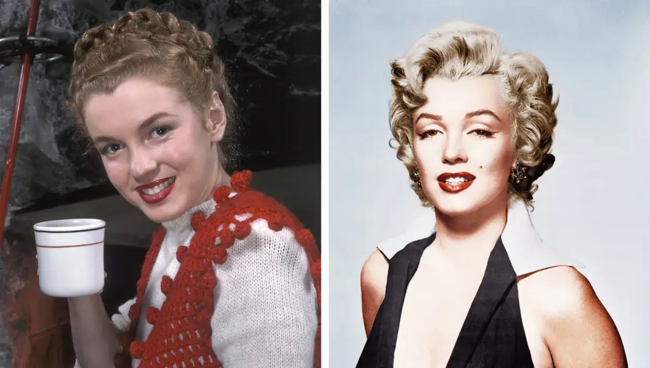 Marilyn Monroe przed operacjami, młoda i uśmiechnięta, z kubkiem w dłoni, obok ikony stylu.