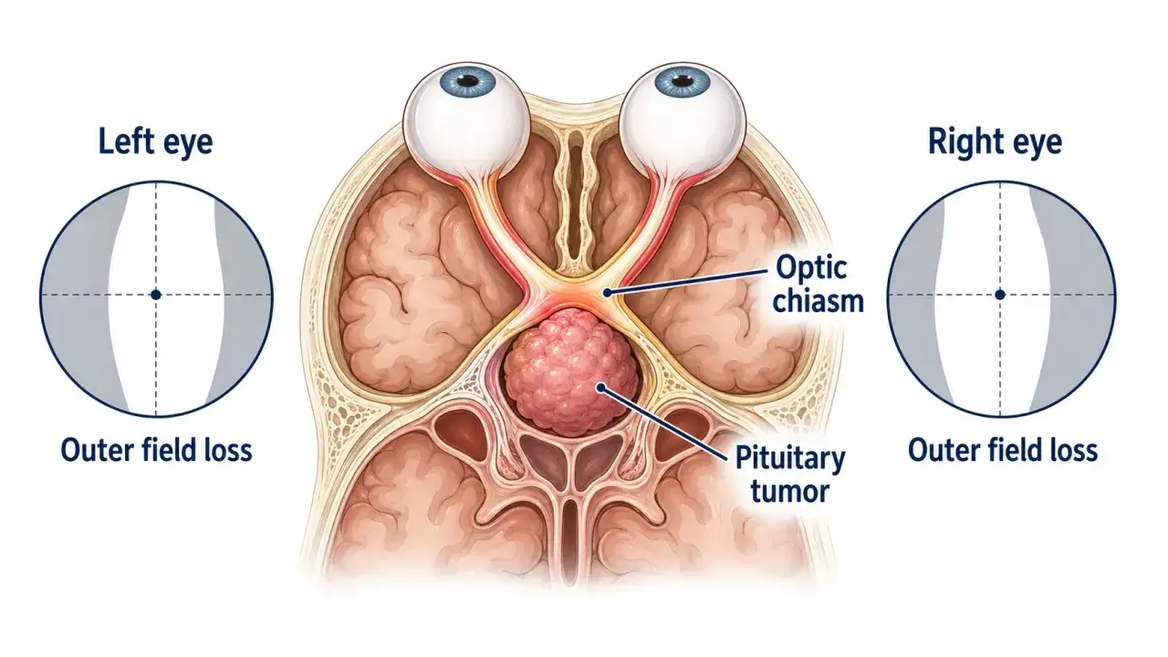 Tumore ipofisi sintomi: compressione del chiasma ottico causa perdita del campo visivo periferico.