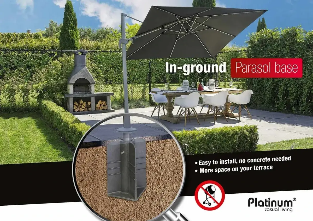 Solidna, wkopana w ziemię podstawa pod parasol ogrodowy. Ułatwia montaż i oszczędza miejsce na tarasie.