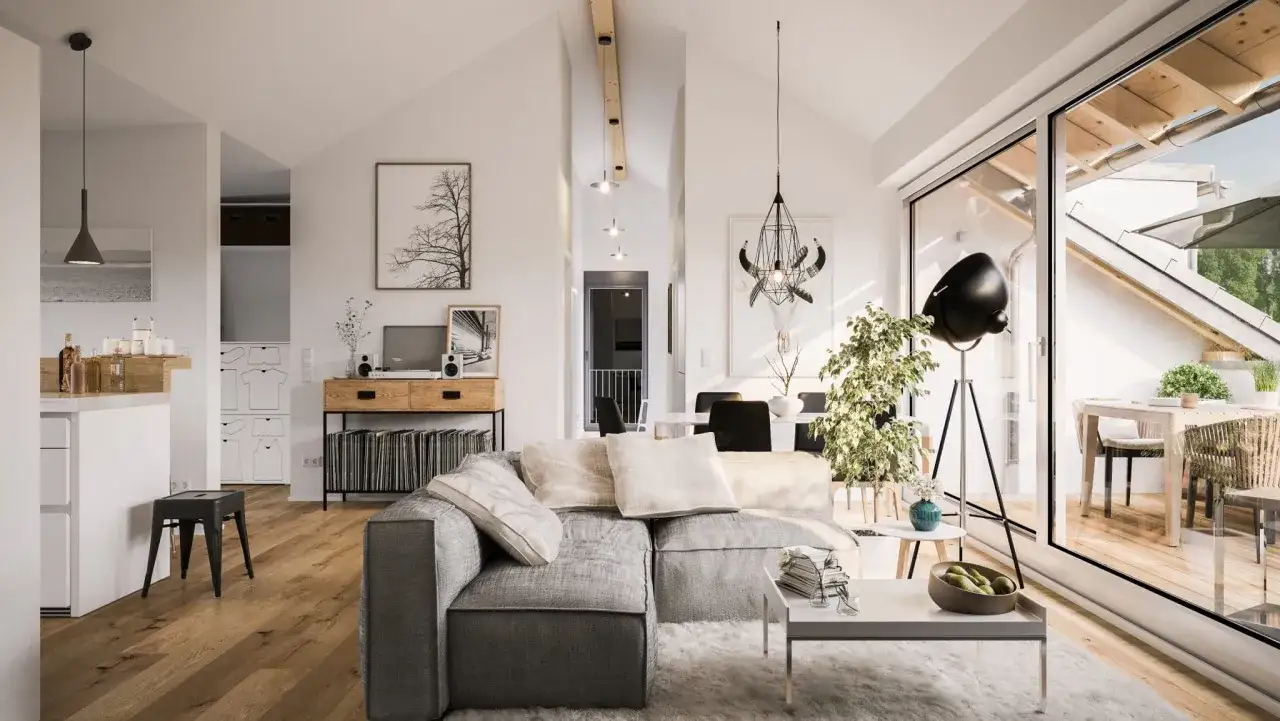 Un salon moderne et lumineux, parfait pour **rénover mon appartement**. Canapé gris, parquet, et une grande baie vitrée donnant sur une terrasse.