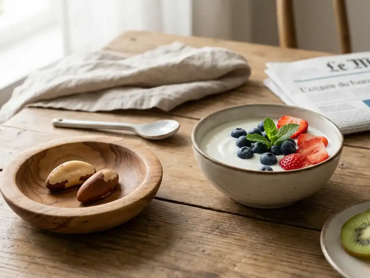 Petit-d&eacute;jeuner sain : yaourt aux fruits rouges, myrtilles et noix du Br&eacute;sil, pour profiter de leurs bienfaits.