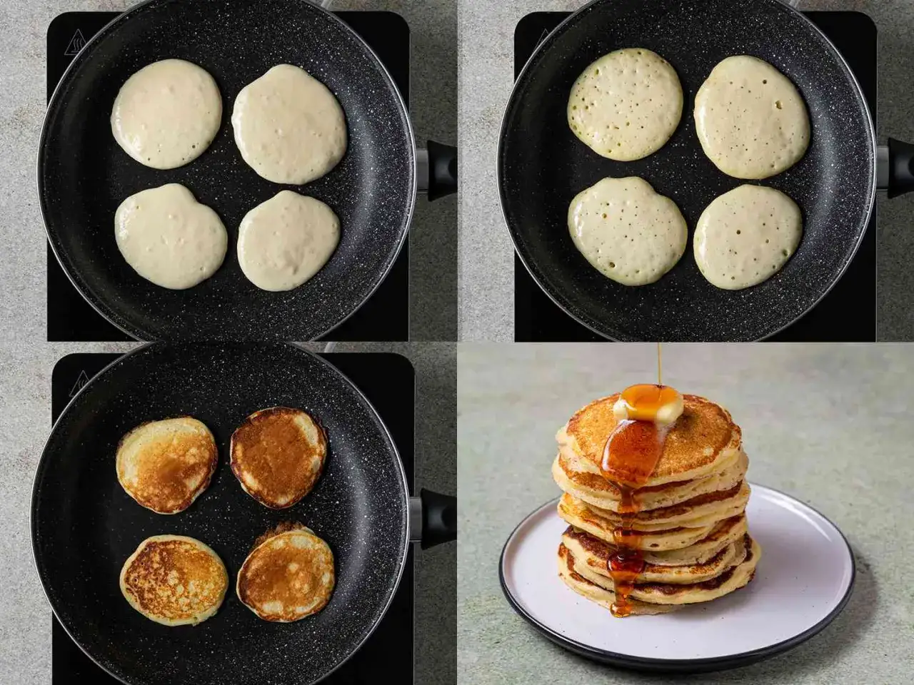 Pasos para una deliciosa tortitas receta: masa en sart&eacute;n, burbujas, doradas y apiladas con sirope.