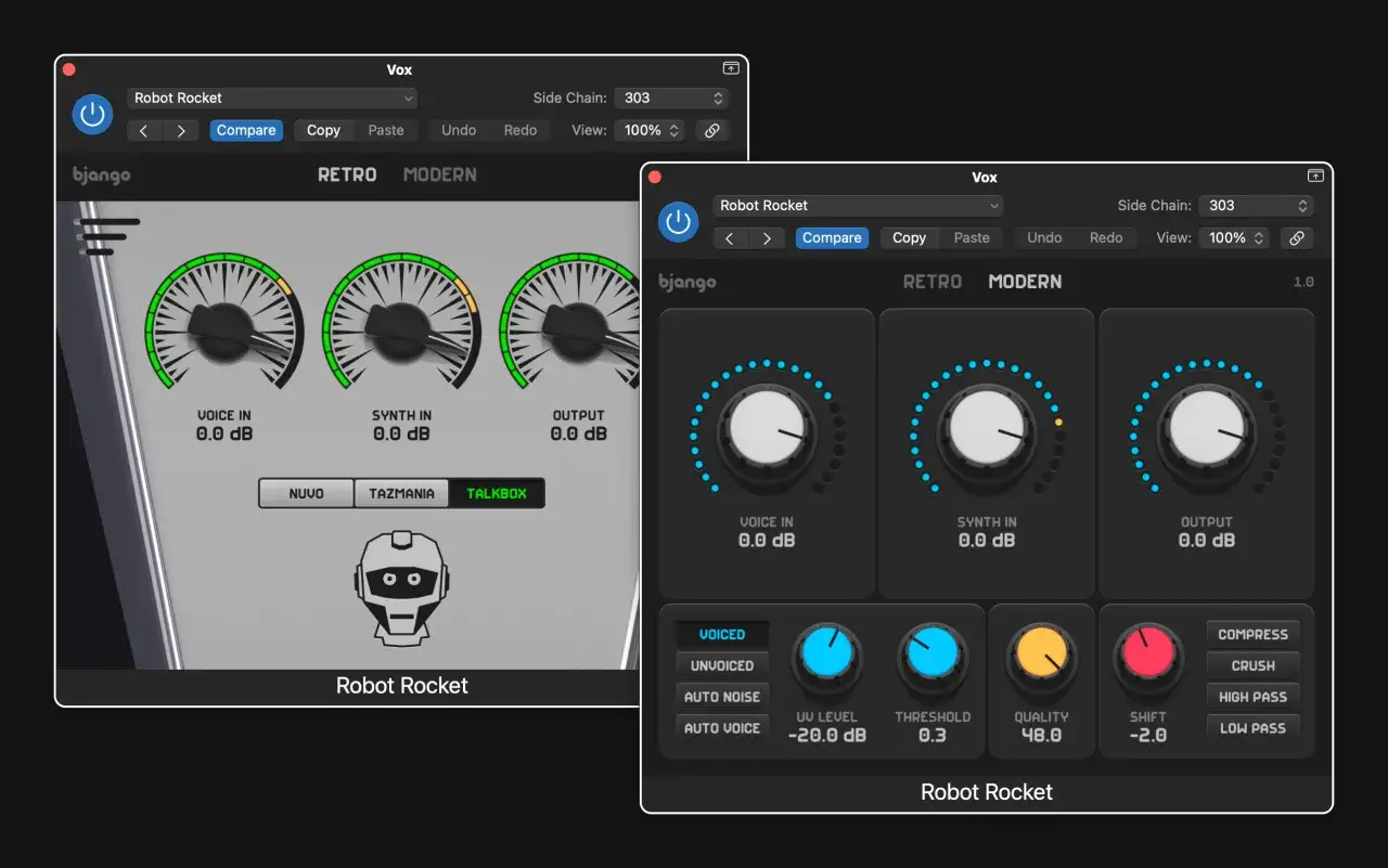 Bjango Robot Rocket: ein Ableton Vocoder Plugin mit Retro- und Modern-Modi, Reglern f&uuml;r Voice In, Synth In und Output.