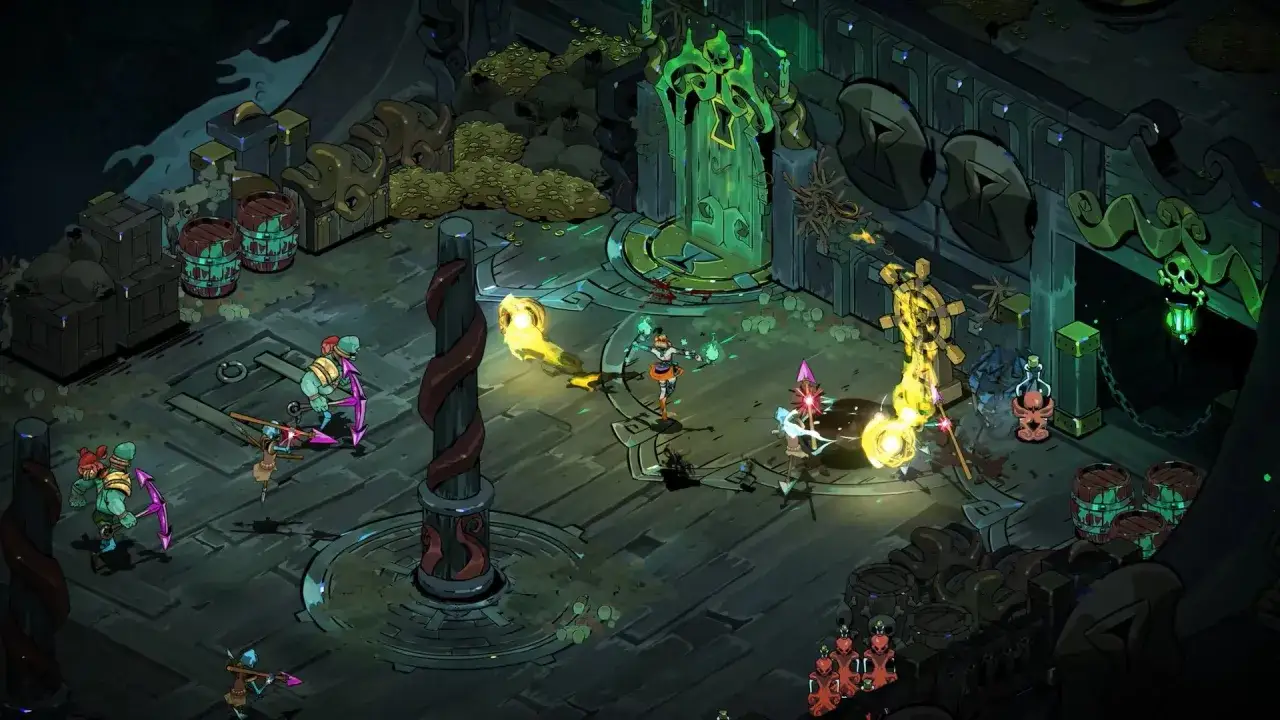 Postacie z gry Hades 2 na PS5 walczą w mrocznym podziemiu.