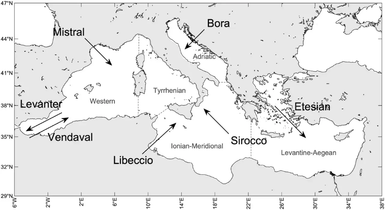 Karte des Mittelmeers mit Windrichtungen: Mistral, Bora, Levante, Sirocco, Etesian. Der Levante-Wind weht von Nordwesten.