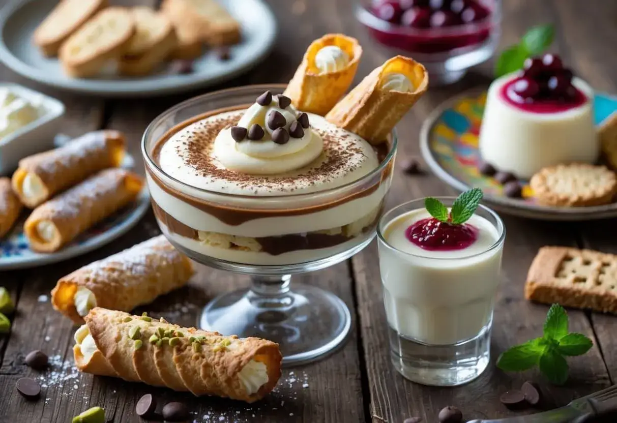 Słodkie kuszenie: tiramisu, cannoli i panna cotta – prawdziwy włoski deser na drewnianym stole.