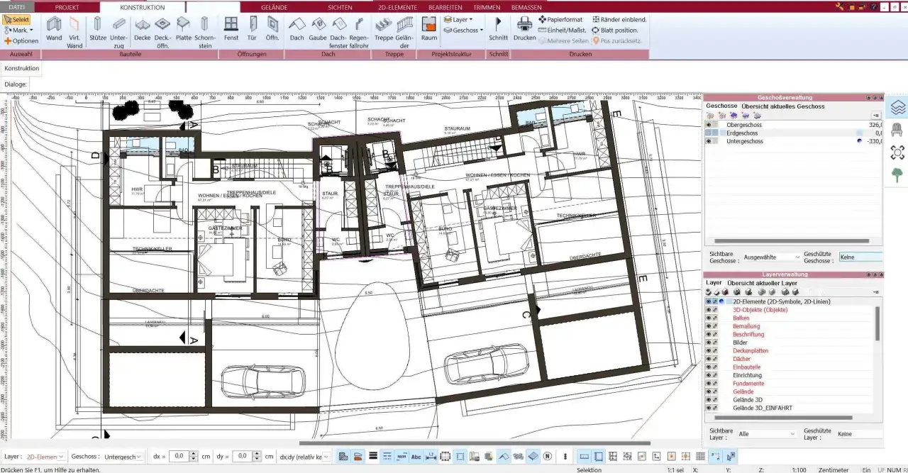 Grundriss eines Hauses im Untergeschoss, mit R&auml;umen wie Technik, Lager und Garage. Der Architekt plant den Hausbau.