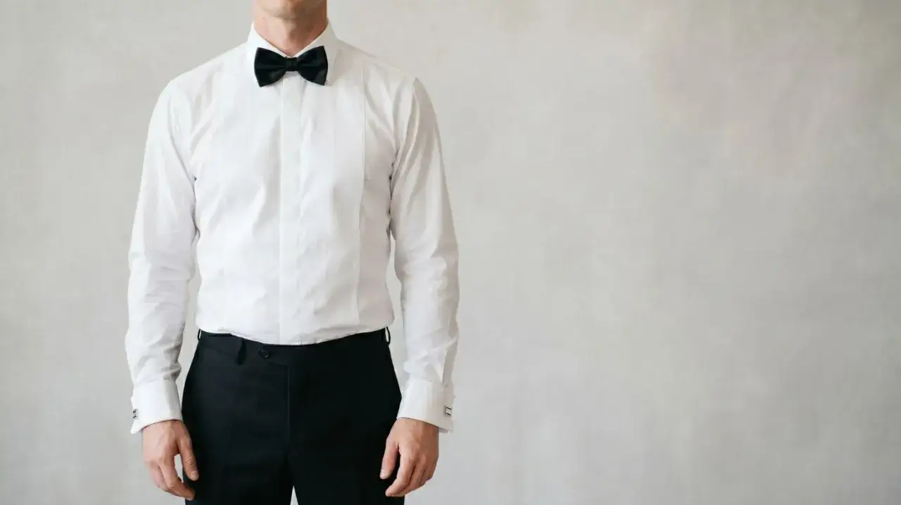 A man wears a white dress shirt with a black bow tie and black pants. He is wearing cufflinks with his tux, a classic touch for formal wear.
