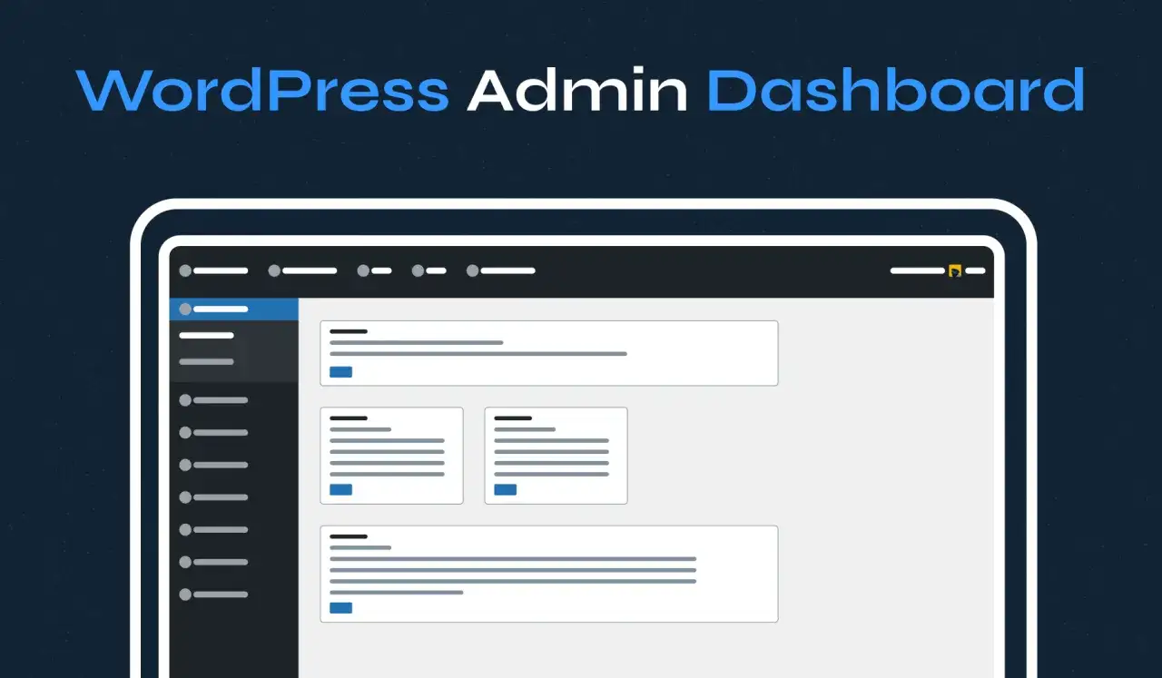 Présentation du tableau de bord WordPress. Interface d'administration avec menu latéral et blocs de contenu.