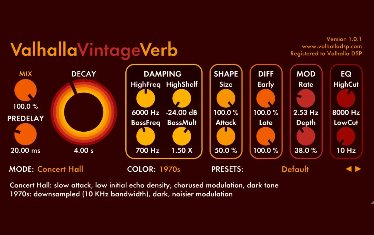 Interface Valhalla VintageVerb, r&eacute;glages pour un reverb voix chaleureux.