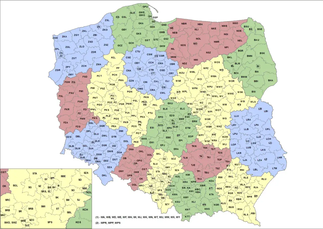 Mapa Polski z podziałem na okręgi wyborcze. Widać tu oznaczenia literowe dla poszczególnych regionów, np. BHA, co może być związane z procesem **bha rejestracja**.