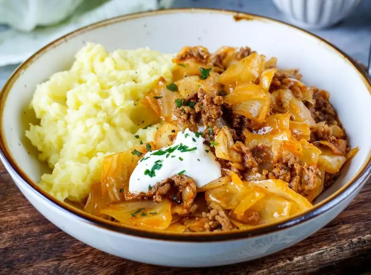 Schichtkohl mit Hackfleisch, ein DDR-Rezept, serviert mit Kartoffelp&uuml;ree und einem Klecks saurer Sahne.