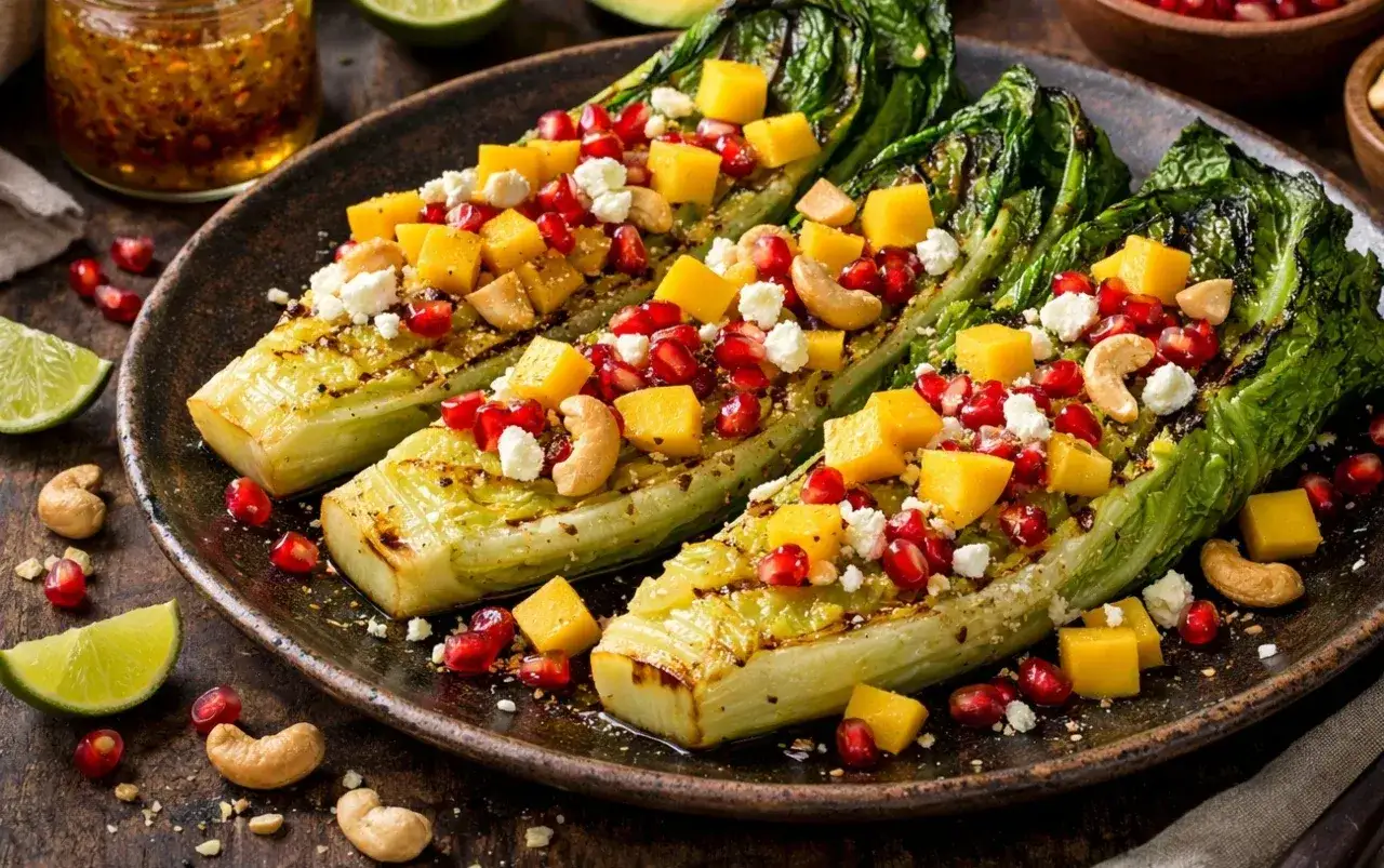 Grillowana sałata rzymska z mango, granatem i orzechami nerkowca. Letnia uczta na talerzu.