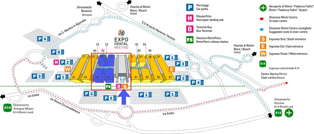 Mappa della fiera a Rimini con indicazioni per parcheggi, ingressi, trasporti e direzioni stradali.