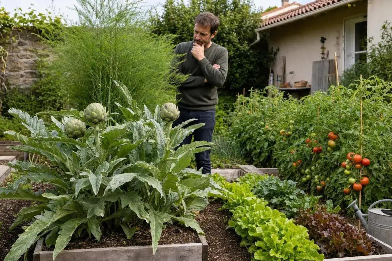 Un homme r&eacute;fl&eacute;chit dans son potager luxuriant, entour&eacute; d'artichauts, de tomates et de salades. Il imagine d&eacute;j&agrave; une recette pas cher avec ces produits frais.