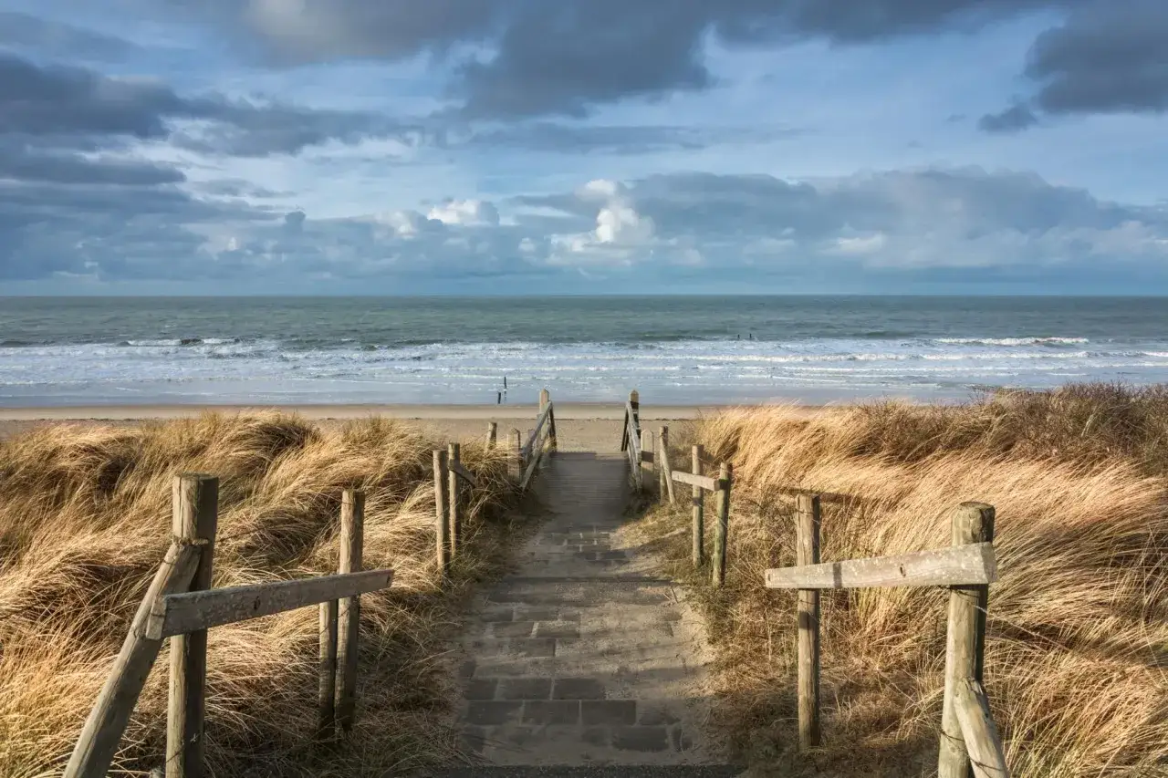 Hollands Strand mit Dünen und einem Weg zum Meer.