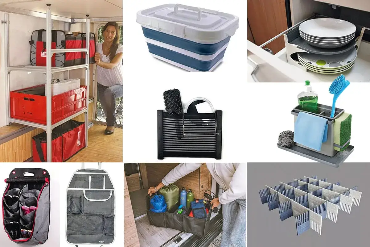 Astuce rangement v&ecirc;tement camping-car : &eacute;tag&egrave;res, bo&icirc;tes pliantes, organisateurs de coffre et diviseurs de tiroirs pour optimiser l'espace.