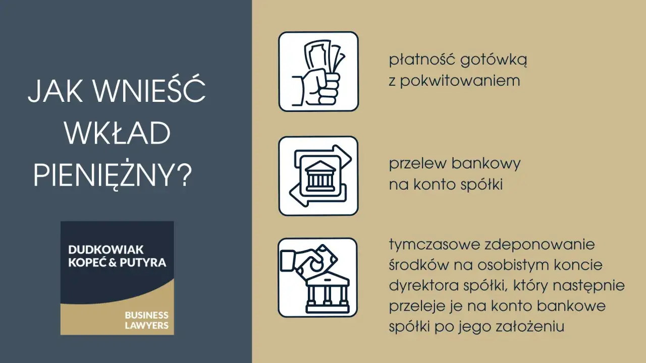 Jak wnieść wkład pieniężny do spółki? Metody: gotówka z pokwitowaniem, przelew na konto spółki lub tymczasowe zdeponowanie środków na koncie dyrektora.