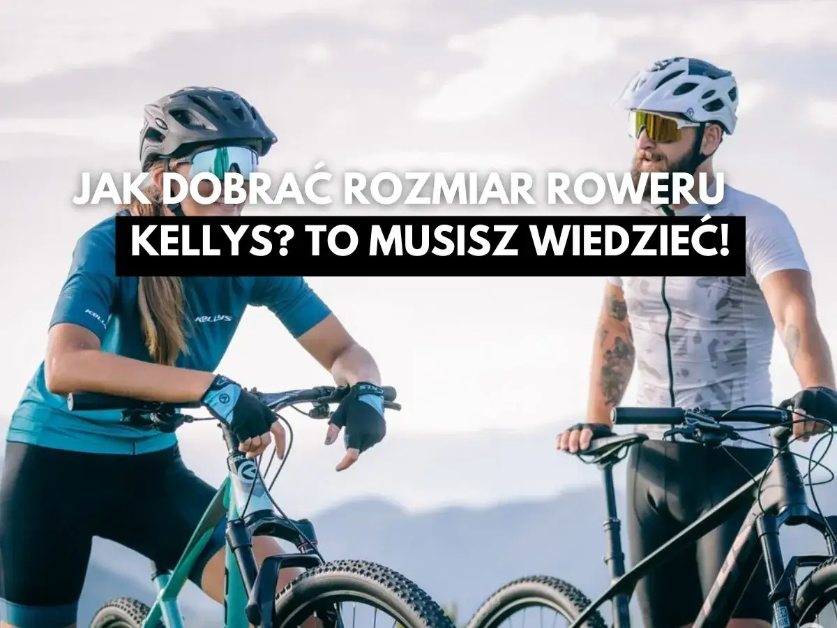 Dwie osoby w kaskach i okularach rowerowych stoją obok rowerów. Tekst na zdjęciu: