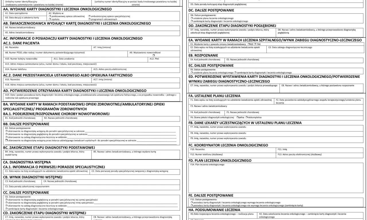 Karta diagnostyki i leczenia onkologicznego, zawierająca dane pacjenta, rozpoznanie choroby, plan leczenia i dalsze postępowanie.