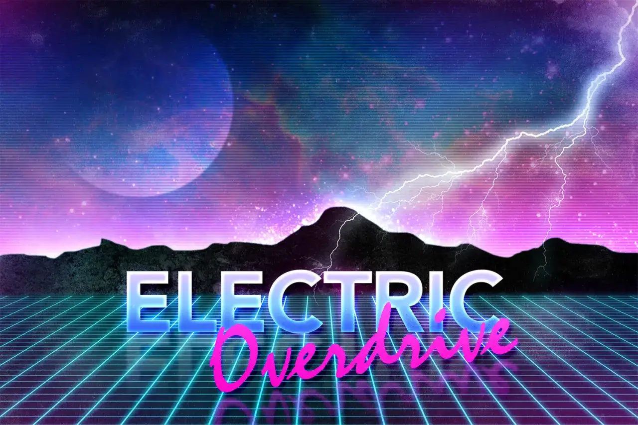 Nocny krajobraz w stylu **synthwave** z błyskawicami nad górami i neonowym napisem 