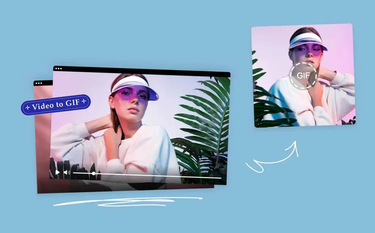 Dowiedz się, jak zrobic GIF z wideo. Kobieta w wizjerze i bluzie na tle roślin, z napisem