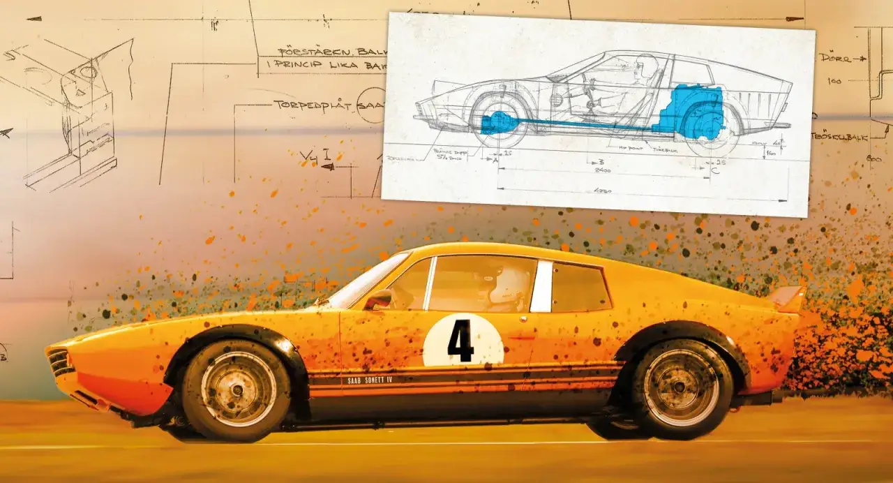 En orange Saab Sonett IV med nummer 4 på sidan, bredvid tekniska ritningar av bilen.