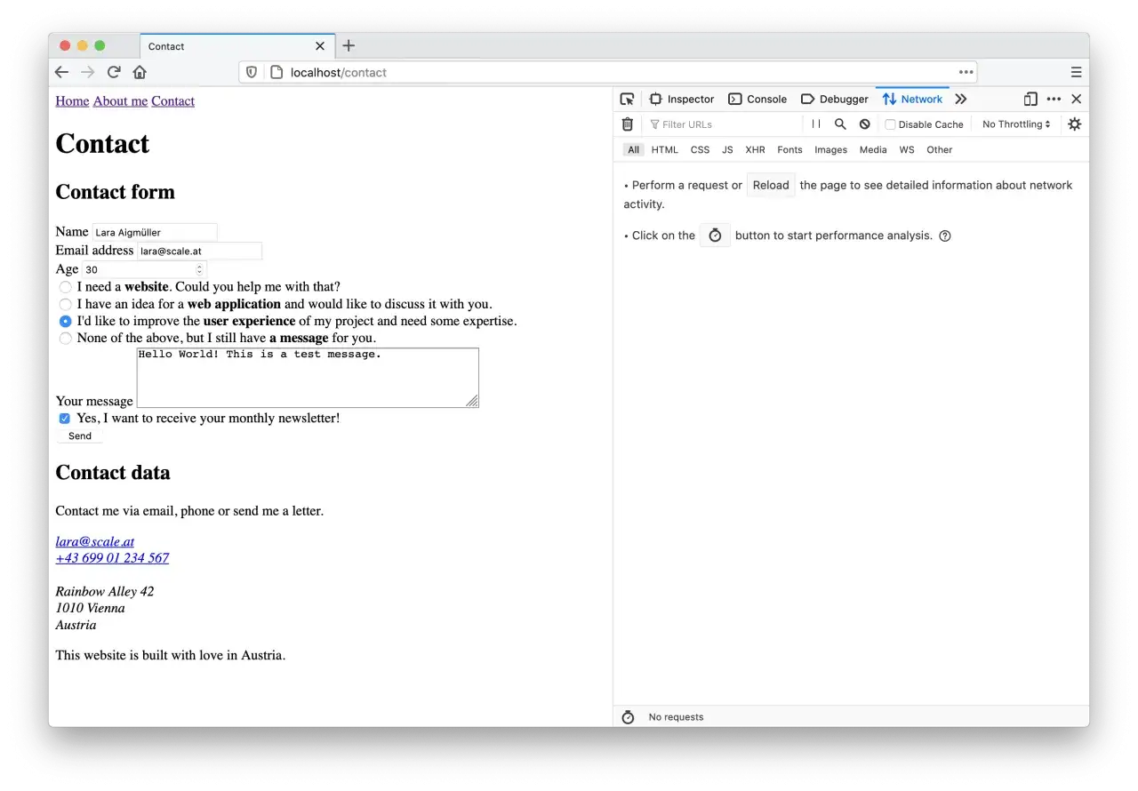 Formulaire de contact HTML avec champs pour nom, email, &acirc;ge, choix de projet et message. Une barre de recherche est visible dans les outils de d&eacute;veloppement.