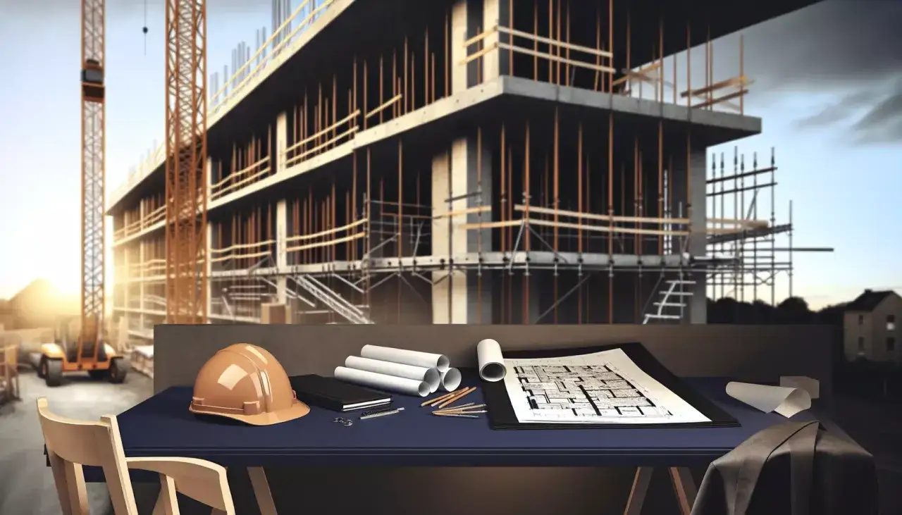 Bureau d'architecte avec plans, casque et outils, devant un chantier de construction. Une scène qui témoigne d'une expertise référée.