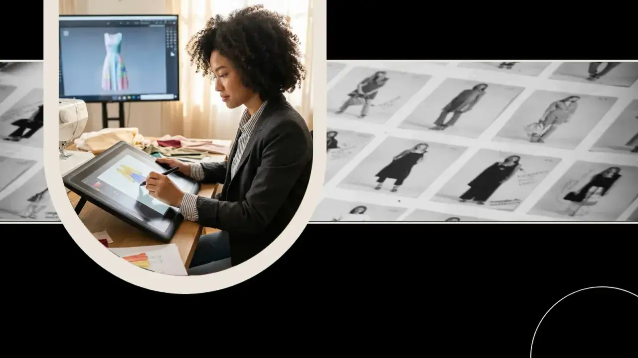 Designerin arbeitet an digitalem Kleidungsentwurf, w&auml;hrend auf dem Tisch Stoffe und eine N&auml;hmaschine liegen. Daneben eine Collage mit Modelbildern, die das iu modemanagement widerspiegelt.