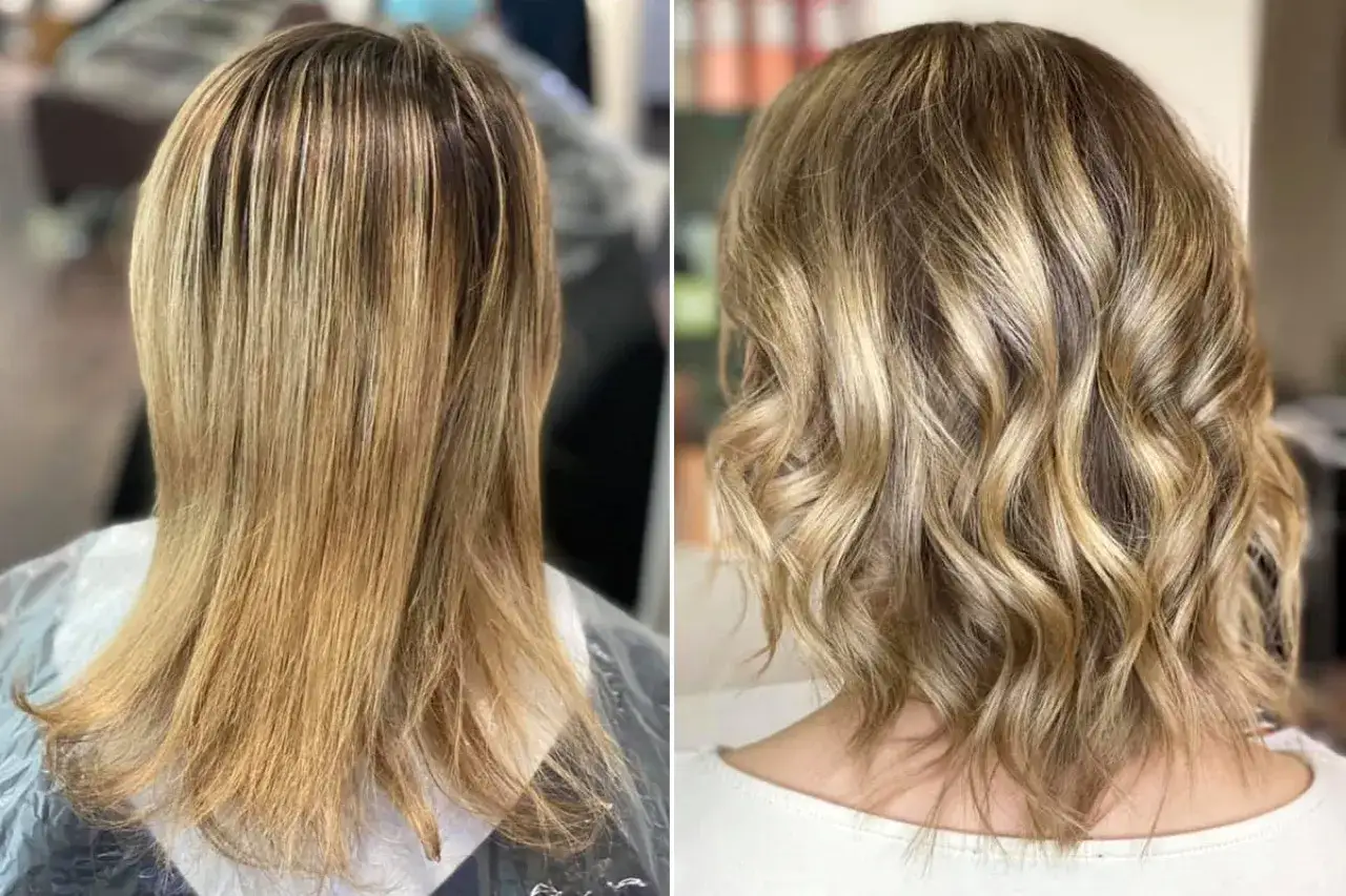 Vorher/Nachher: Gerades Haar wird zu einem stufen haarschnitt mit wunderschönem welligem haar.