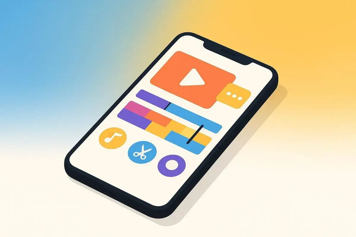 En mobiltelefon visar en videoredigeringsapp med tidslinjer, musik- och saxikoner. Perfekt f&ouml;r att skapa din n&auml;sta reel!