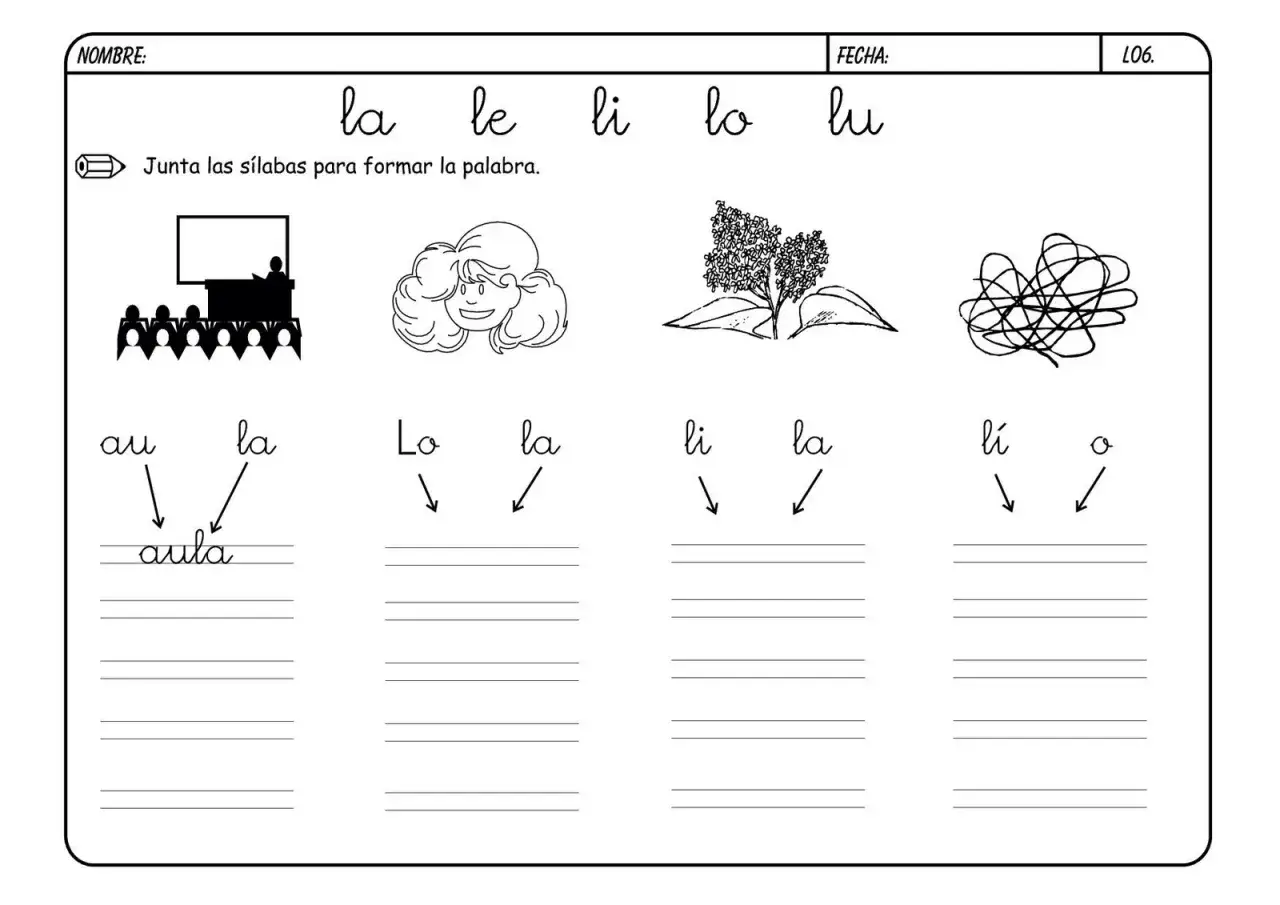 Ficha para practicar la **ficha letra l**. Incluye s&iacute;labas, im&aacute;genes (aula, ni&ntilde;a, planta, garabato) y l&iacute;neas para escribir palabras.