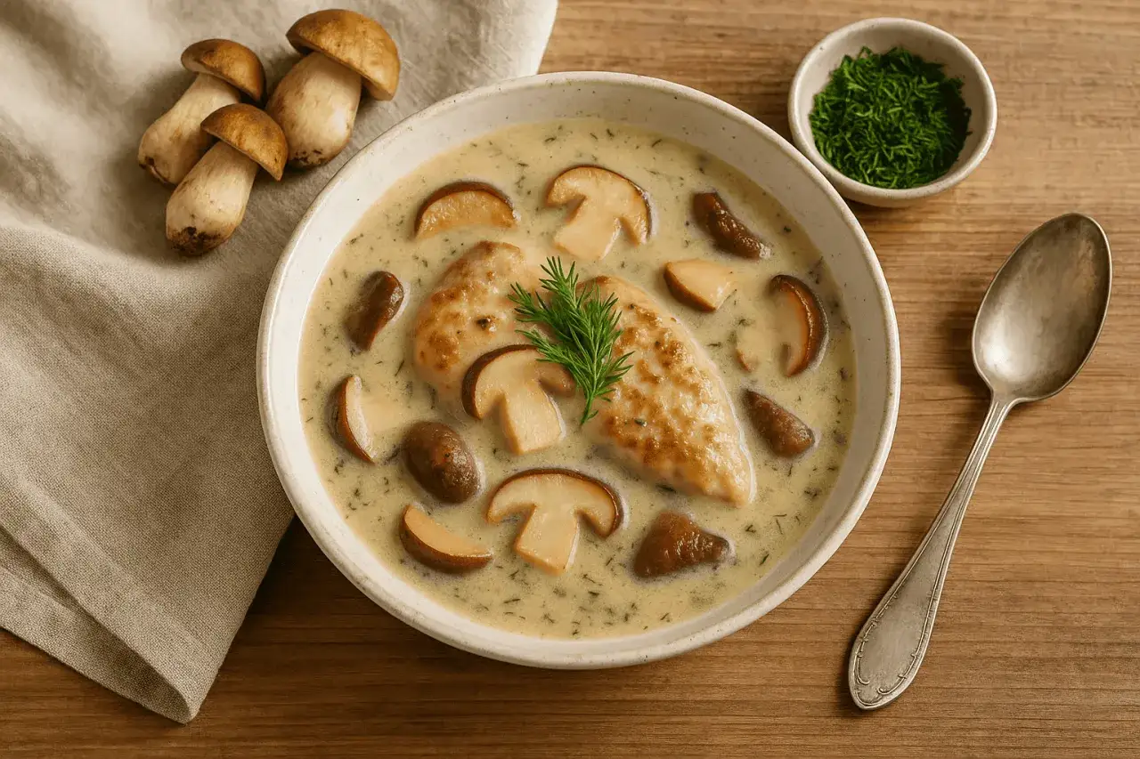 Aksamitna zupa z maślaków z kawałkami kurczaka i świeżym koperkiem. Obok miseczka z posiekanymi ziołami i kilka świeżych grzybów.