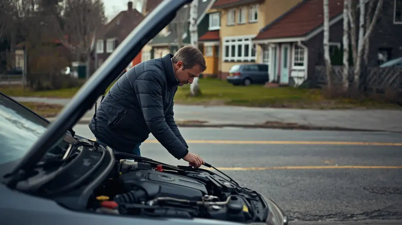 Man gör en inspektion av bilen med öppen motorhuv. Hus och träd syns i bakgrunden.