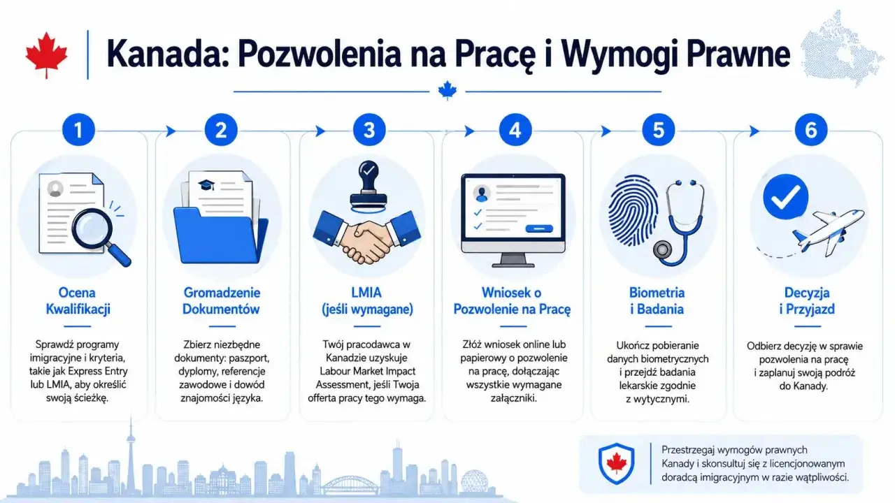 Proces uzyskania pozwolenia na pracę w Kanadzie: ocena kwalifikacji, gromadzenie dokumentów, LMIA, wniosek, biometria i badania, decyzja i przyjazd.