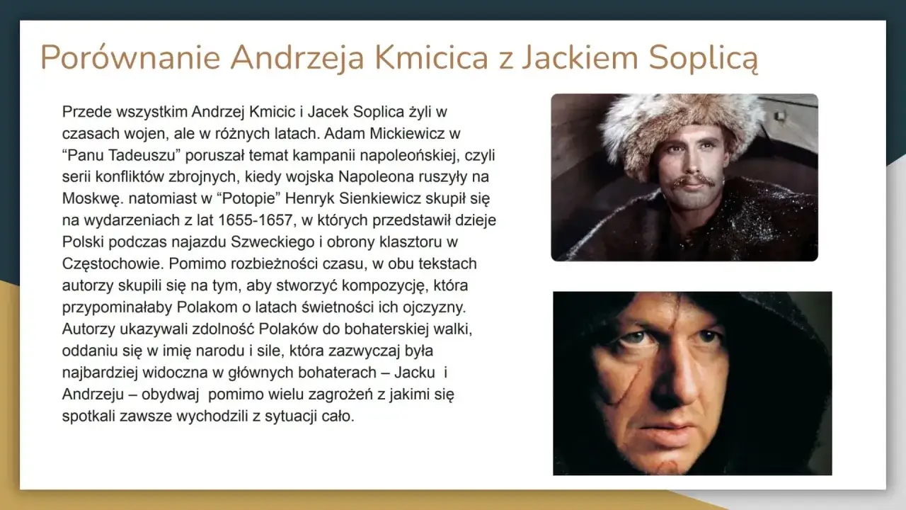 Wizerunek postaci Andrzeja Kmicica w futrzanej czapie i Jacka Soplicy w kapturze, z blizną na twarzy.