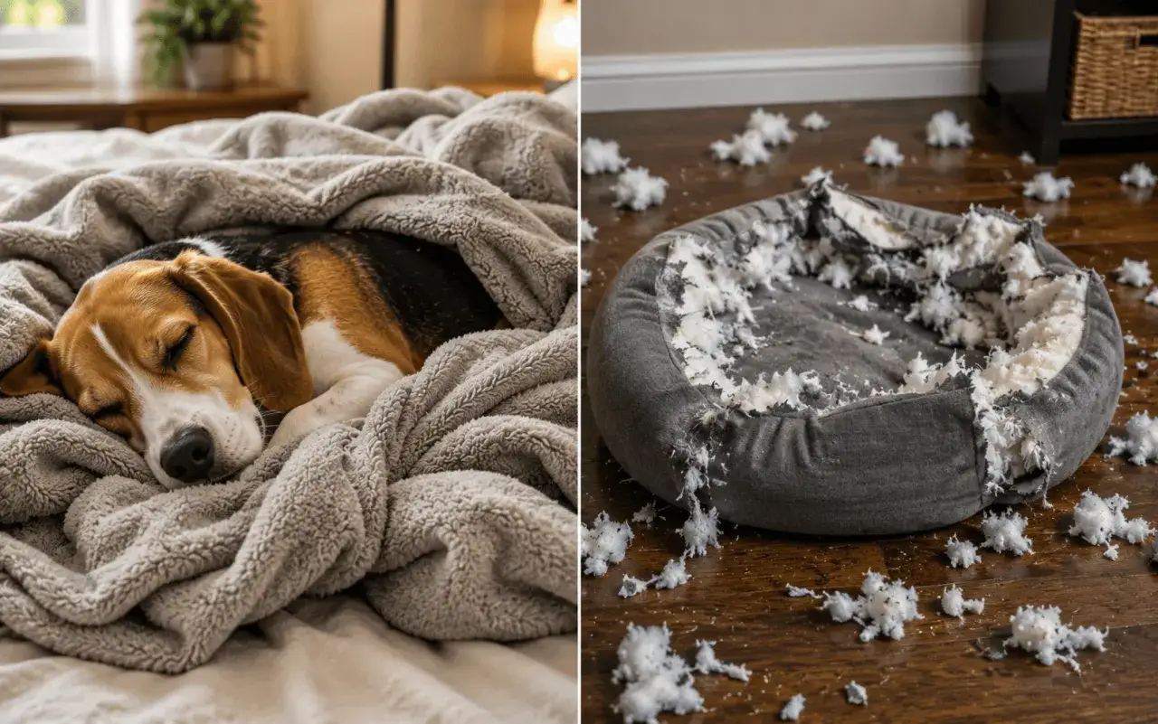 Uroczy beagle śpi pod kołdrą, podczas gdy jego zniszczone legowisko leży obok. Czy to wyjaśnia, dlaczego pies kopie w łóżku?
