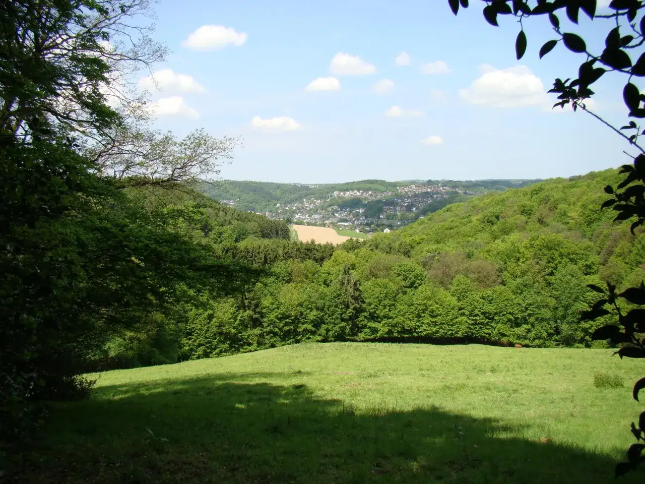 Gr&uuml;ne Wiesen und W&auml;lder s&auml;umen den Oberather Pilgerweg. Im Tal liegt ein Dorf, umgeben von sanften H&uuml;geln unter blauem Himmel mit Wolken.