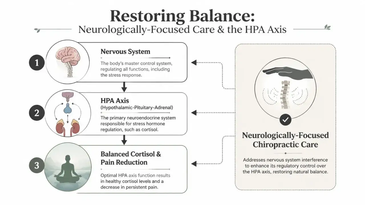 Diagram wyjaśnia psychosomatykę: układ nerwowy, oś HPA i redukcję bólu. Terapia neurologiczna przywraca równowagę.
