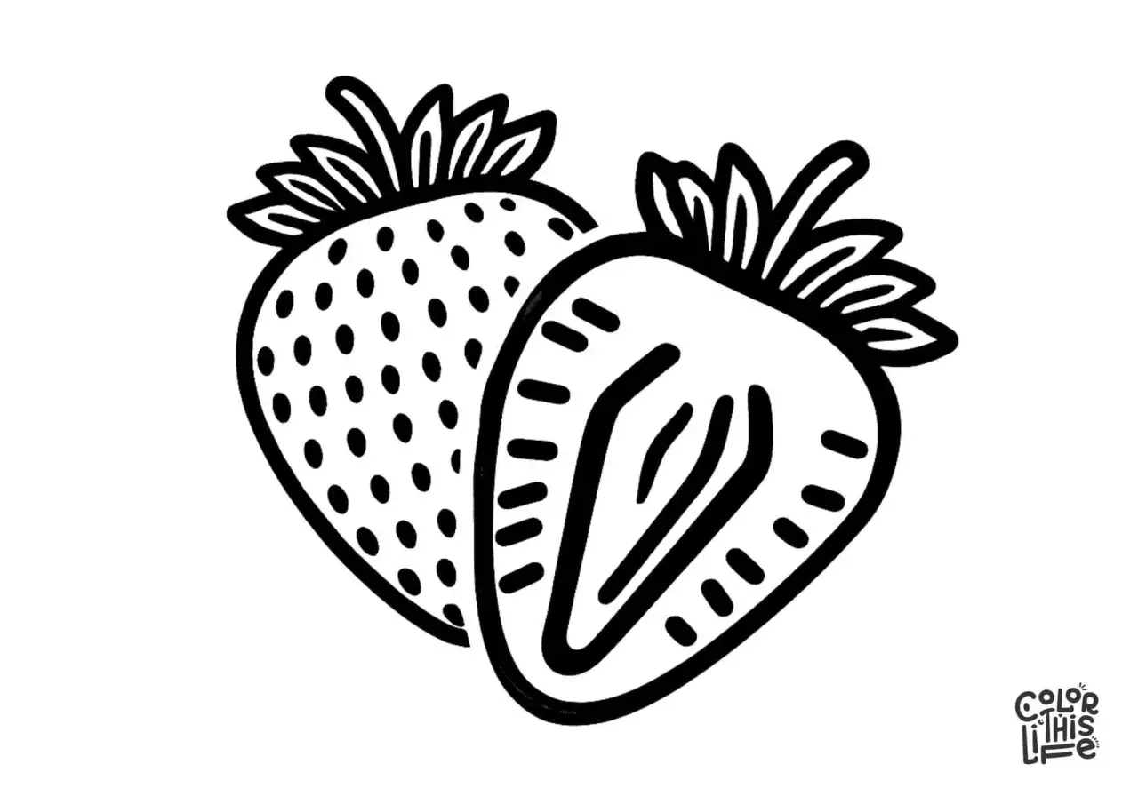 Dos fresas, una entera y otra partida por la mitad, listas para colorear. &iexcl;Perfectas para un dibujo de fresa para colorear!