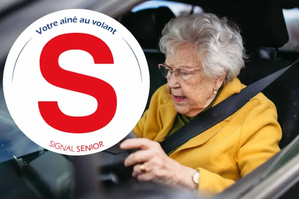 Une dame âgée au volant de sa voiture, avec un macaron