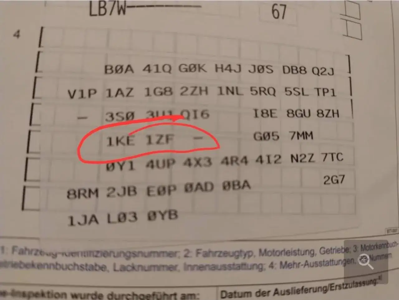 Fahrzeugdaten mit PR-Nummern, darunter 1KE 1ZF für Bremsen.