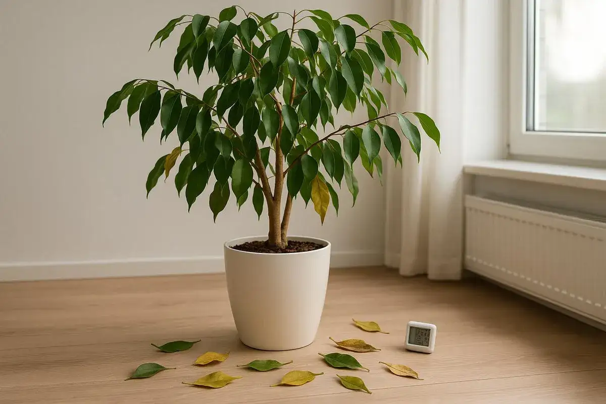 Ein Ficus Benjamina im weißen Topf, umgeben von gefallenen Blättern. Ein kleines digitales Thermometer liegt daneben.