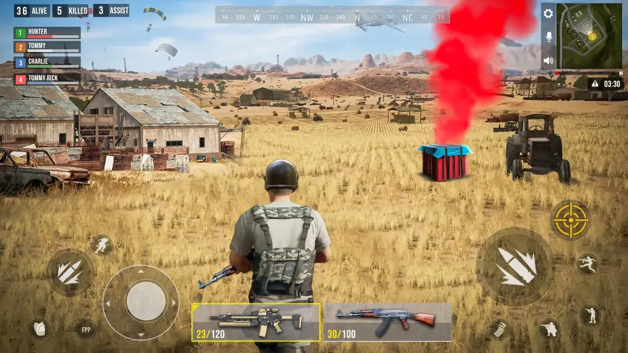 Gracz w grze battle royale, szukający skrzyń z łupami. Idealne gry bez internetu dla fanów akcji.