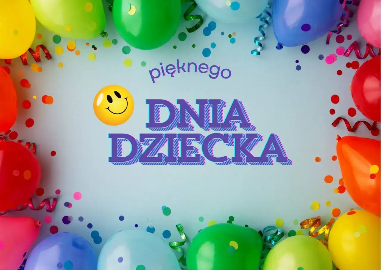 Kolorowe balony i konfetti tworzą radosną oprawę dla napisu 