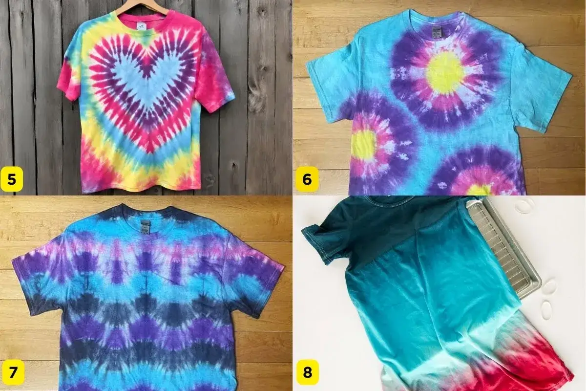 Kolorowe koszulki tie dye: serce, kwiaty, paski i gradient.